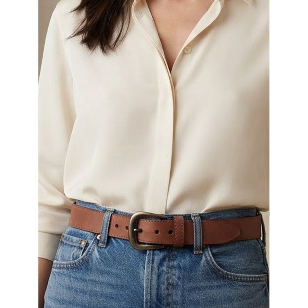 Womens Tan Brown Adjustable Waist Belt Small Medium Antique Brass Buckle